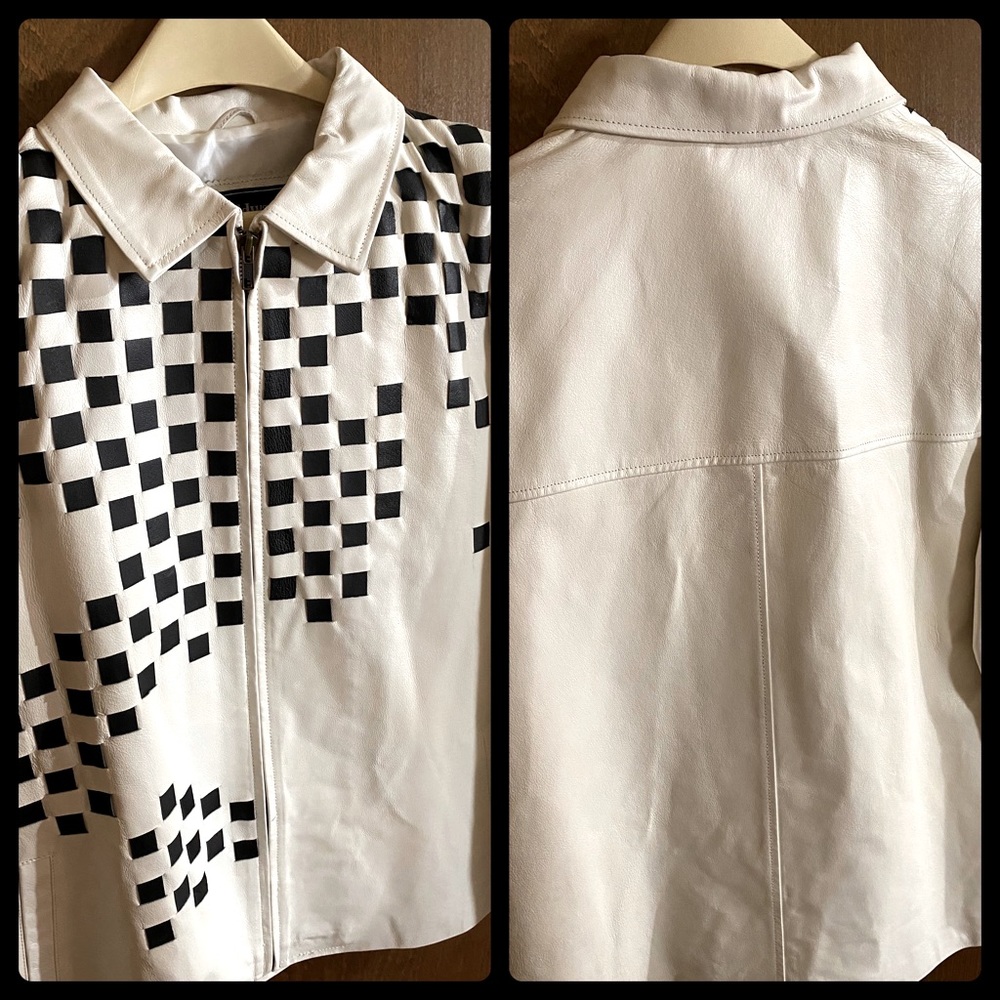 Jack Edwards White with black woven square Leather Jacket Mens Large